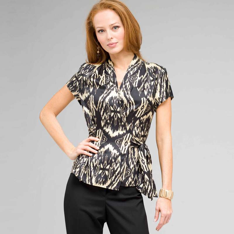 Tie Front Blouse, Black Multi, large image number 0